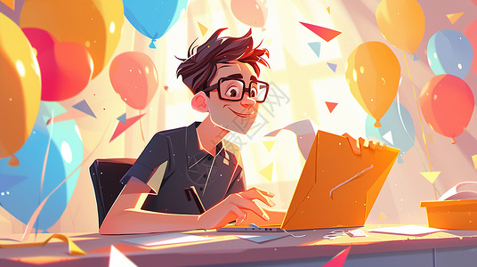 戴着眼镜的卡通男人开心看着电脑满屋彩色气球背景图片