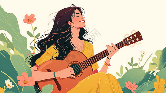 清新时尚的卡通女人在花丛中安静的弹吉他背景图片