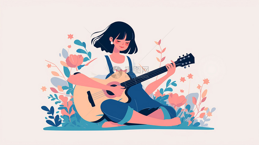 清新时尚的卡通女人在花丛中弹吉他图片