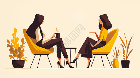 时尚下午茶两个时尚的卡通女人坐在椅子上安静的交谈插画
