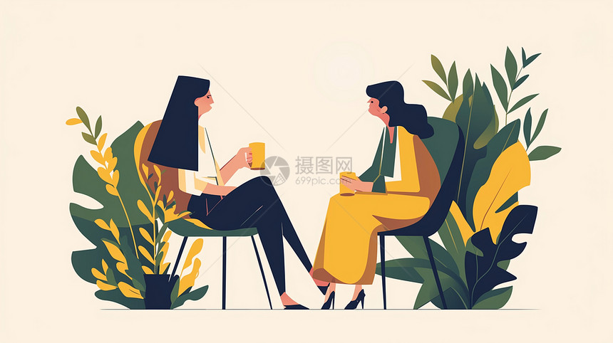 两个卡通女人坐在椅子上安静的交谈图片