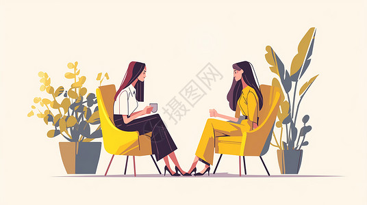 时尚下午茶两个时尚的卡通女人坐在椅子上交谈插画