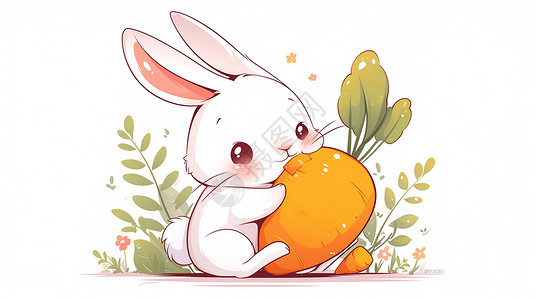橙色胡萝卜抱着大大的胡萝卜的可爱卡通小白兔插画