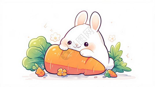 抱着胡萝卜的可爱卡通白兔背景图片