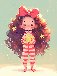 穿着红色条纹睡衣手捧着星星的可爱卡通小女孩高清图片