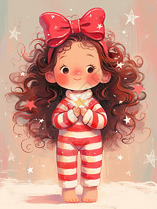 穿着红色条纹睡衣手捧着星星的可爱卡通女孩高清图片