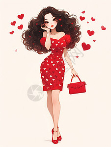 时尚性感女性形象展示身穿红色时尚桃心连衣裙卷发的卡通女人插画