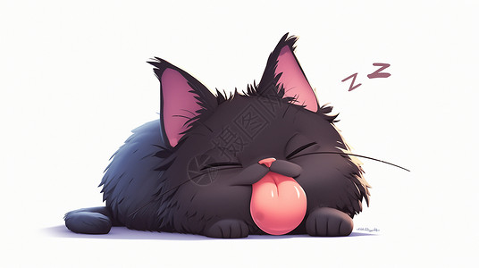 伸援手伸着舌头酣睡的可爱卡通小黑猫插画