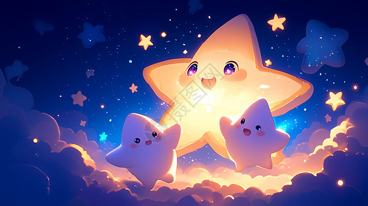 发光小星星夜晚云朵上发光的可爱卡通小星星插画