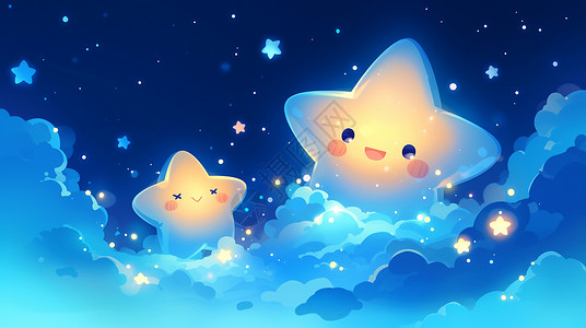 云朵上发光的可爱卡通星星高清图片