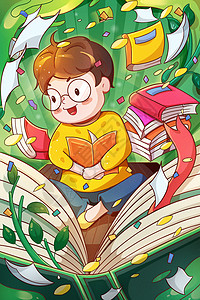 教育文化海报世界阅读日书本上读书的小男孩和书籍插画插画