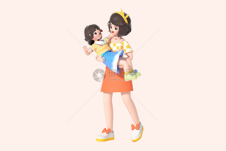 c4d立体母亲节母女互动公主抱3d插画图片