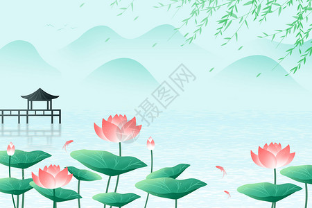 中国风夏天立夏荷花山水插画背景图片
