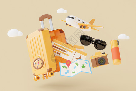 明信片飞机模型旅游行李箱飞机场景设计图片