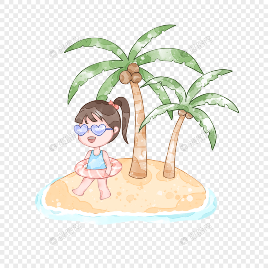 夏天棕榈树和拿着游泳圈的女孩图片