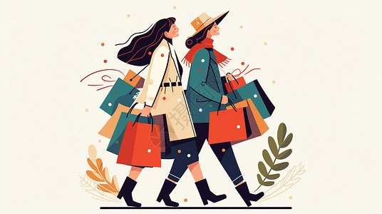 两个卡通女人手上提着购物袋插画