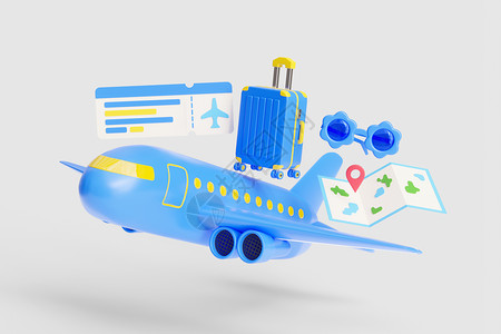 旅游外景行李箱蓝色飞机旅游场景设计图片