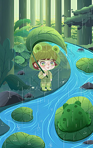 春武里大峡谷谷雨节气之森林里戴着青蛙头套的小女孩插画