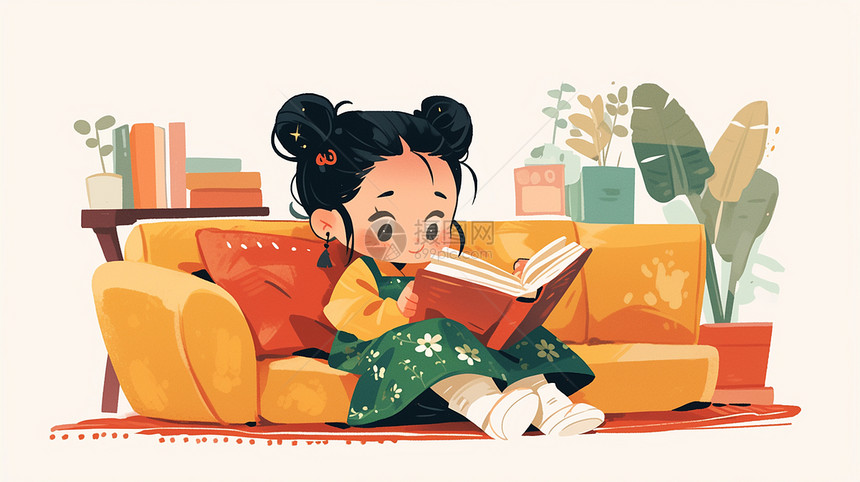 坐在沙发上认真看书的小女孩图片