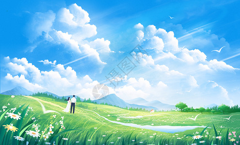 风景墙绘小清新夏天唯美天空蓝天白云草地插画插画