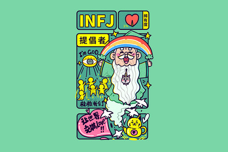 infjMBTI手绘卡通线描16型人格INFJ倡导者横板插画