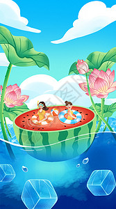 立夏在湖水中游泳插画