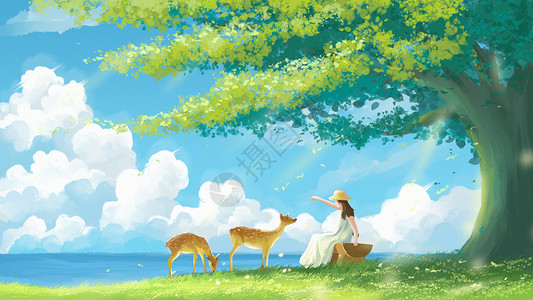 国外海边手绘治愈树下的少女与鹿插画插画