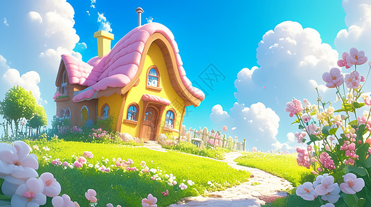 蓝天白云下山坡上一座粉色屋顶可爱的小房子高清图片