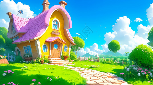 山坡上一座粉色屋顶可爱的卡通小房子高清图片