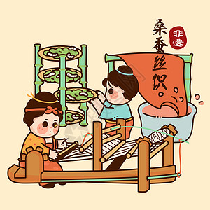 织染中国非遗文创文化习俗手工艺桑蚕丝织插画