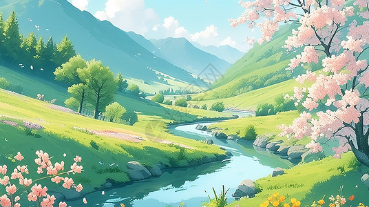 唯美的高山中流淌的小溪风景秀丽的卡通风景插画