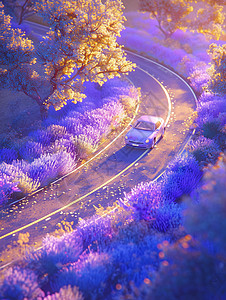 公路蜿蜒漫山遍野开满紫色花朵的山中一条蜿蜒的小路上行驶着一辆卡通小汽车插画