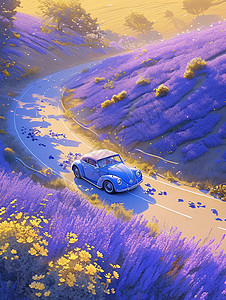 公路蜿蜒漫山遍野开满花朵的山中一条蜿蜒的小路上行驶着一辆卡通小汽车插画