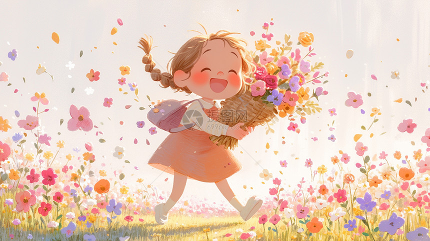 可爱卡通小女孩抱着花束在草地上开心奔跑图片