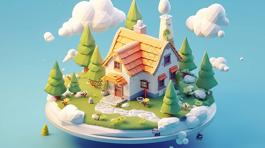 岛素材在小岛上的一座屋顶的卡通房屋旁有几棵小树插画