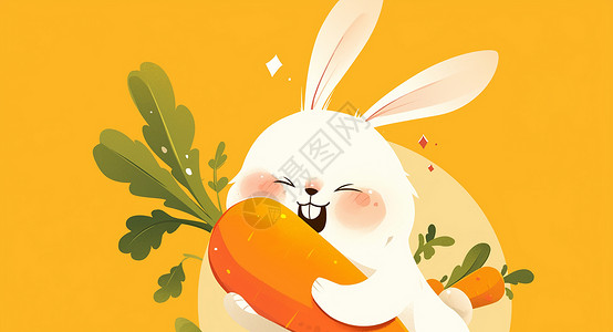 橙色插画抱着大大的胡萝卜的可爱卡通小白兔插画