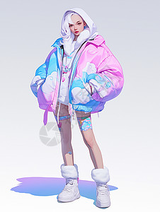 外套详情页穿着粉蓝色渐变时尚厚外套的女孩插画