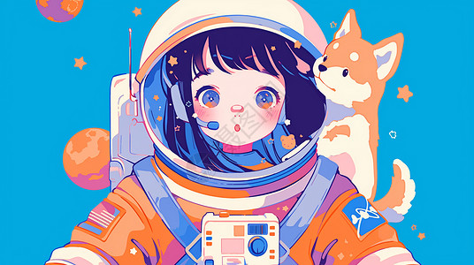 穿着宇航服的卡通小女孩与她的宠物狗背景图片