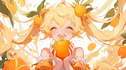 金色纽扣手捧着橙子的可爱的金色长发女孩插画