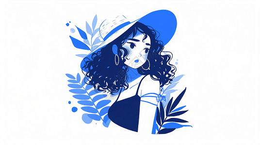 戴着大大的遮阳帽的卡通女孩蓝色调插画背景图片