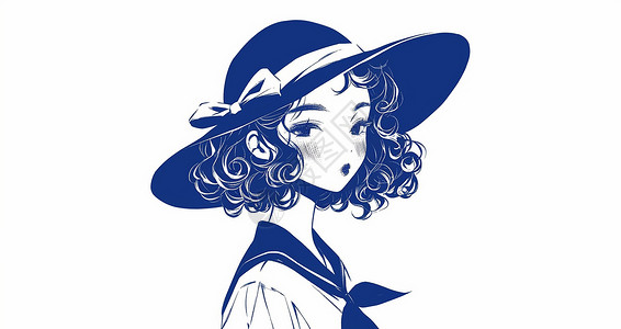 戴着大大的遮阳帽的卡通女孩蓝色调插画背景图片