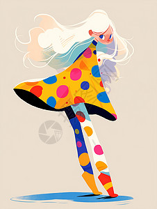 白色长发可爱的卡通小女孩穿着彩色圈圈卡通斗篷高清图片