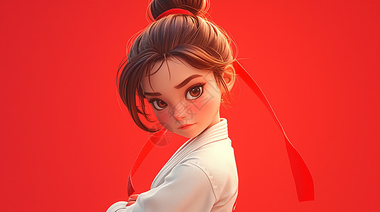 红色上衣的女孩穿着白色上衣练武术的卡通小女孩插画