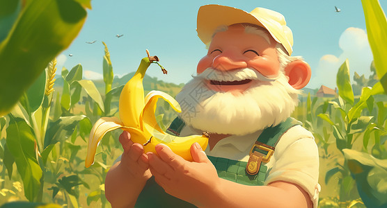 卡通农民素材捧着香蕉的白胡子卡通爷爷插画