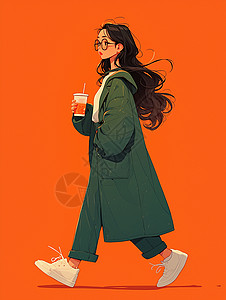 走路女孩手拿着咖啡大步走路的卡通女孩插画