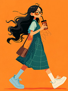 走路女孩手拿着咖啡的卡通女孩插画