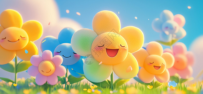 彩色3D草地上一片毛茸茸开心笑的卡通花朵插画