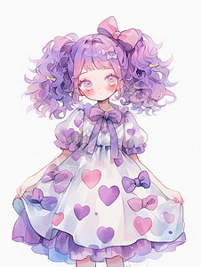 穿着爱心连衣裙的紫色卷发卡通小女孩背景图片
