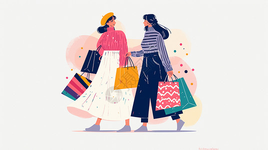 闺蜜购物消费两个手提很多购物袋的卡通年轻女孩在一起逛街走路插画