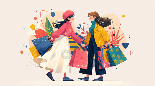 走路逛街两个手提很多购物袋的卡通年轻女孩在逛街走路插画